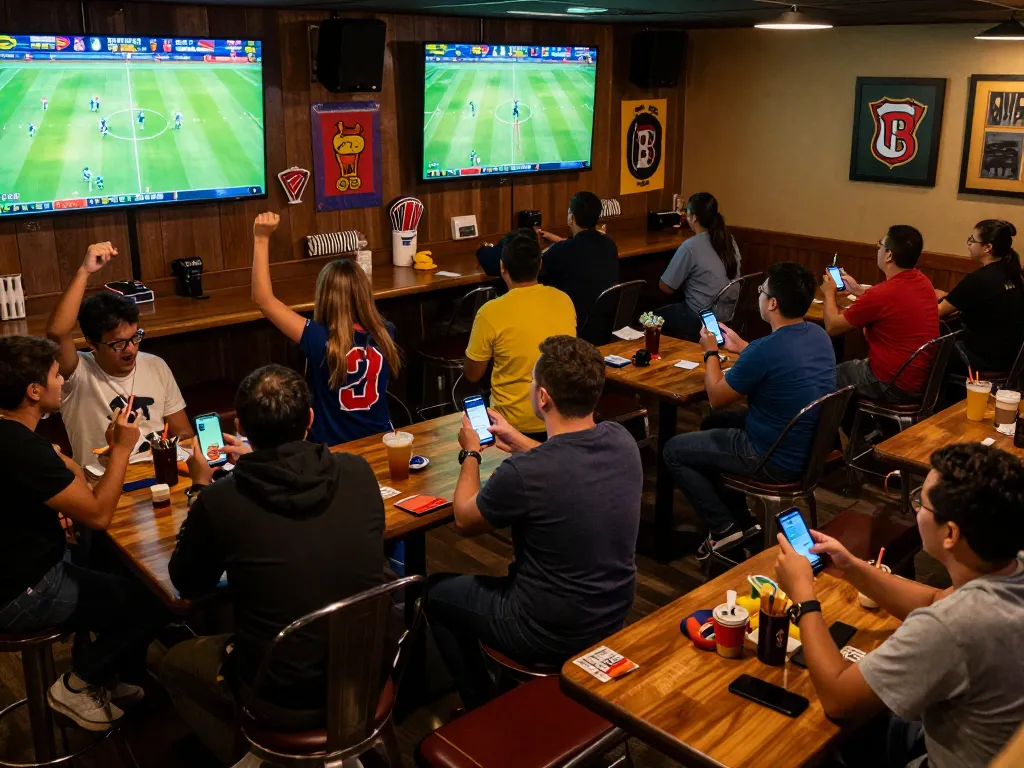 Fans enthusiastically watching matches and checking xem tỷ số bongdalu with mobile devices at a lively sports bar.