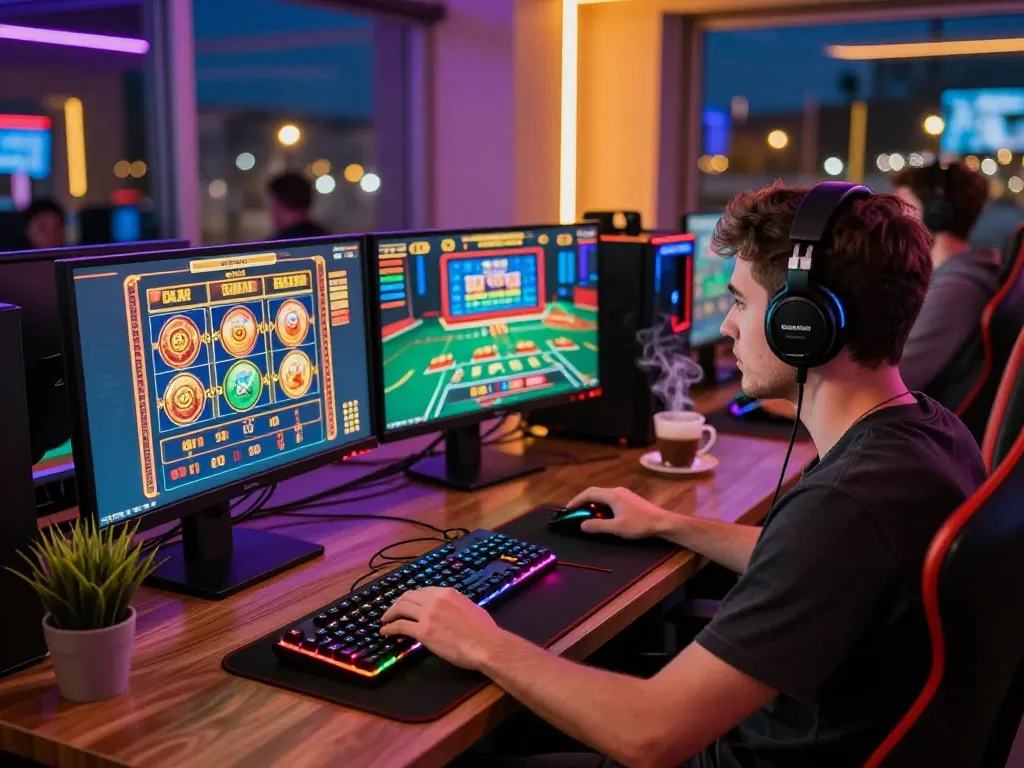 Player deeply engaged in online gaming on dual monitors at home, showcasing ligasedayu excitement.