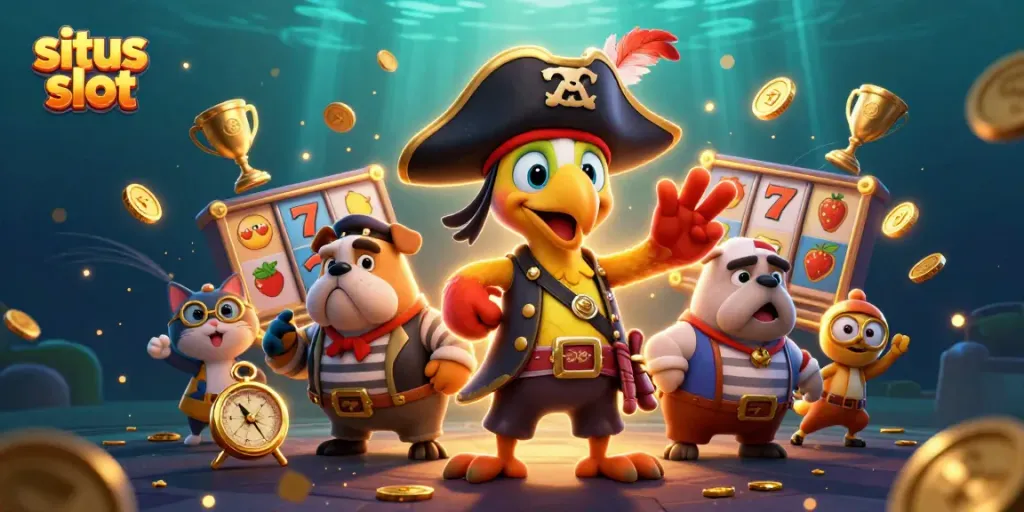 Menangkan permainan situs slot dengan karakter bajak laut, koin emas, dan simbol slot yang berkelap-kelip.