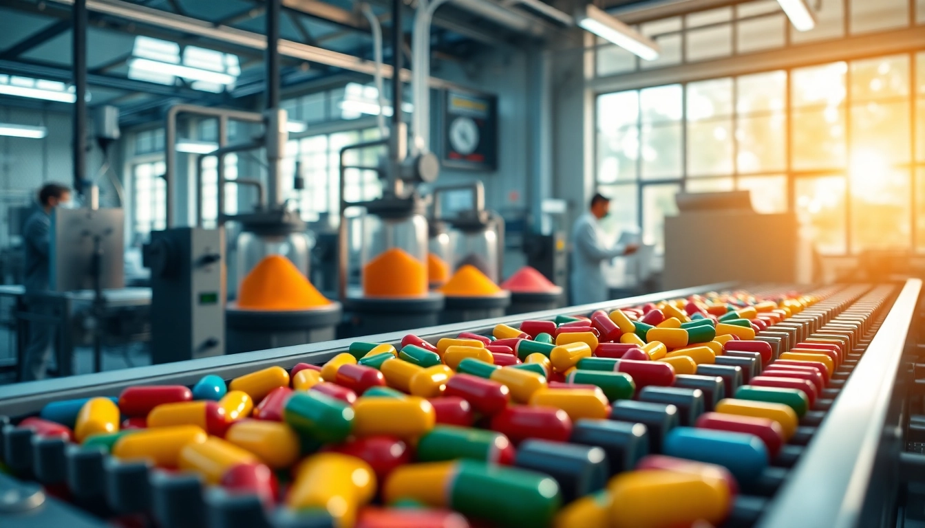 Showcasing a vitamin manufacturer UK blending vibrant vitamin powders in a modern facility.