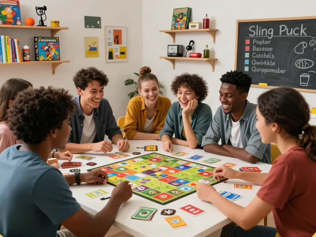 Friends enjoying a lively game of Sling Puck in a vibrant game room, highlighting popular board games.