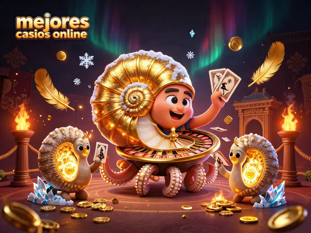 Ilustra cómo ganar en los mejores casinos online con un nautilus y monedas brillantes.