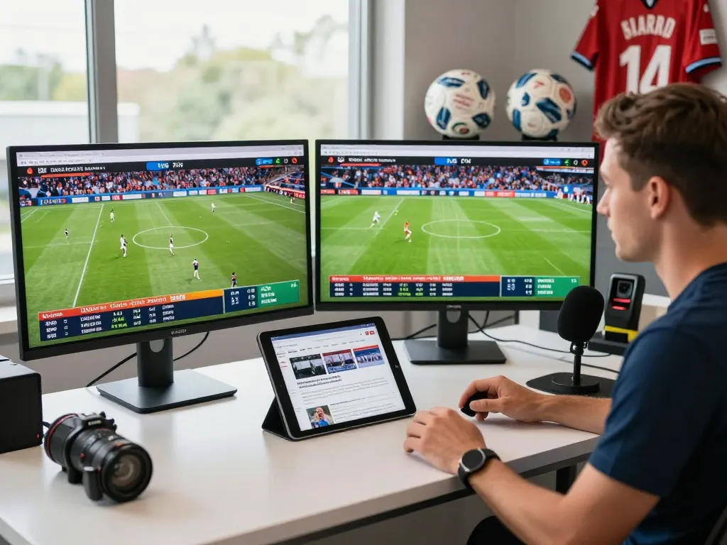 Live sports broadcaster analyzing 7m football scores and statistics in a modern studio