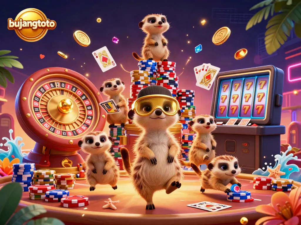 Experience vibrant gameplay with bujangtoto as meerkats lead an exciting casino adventure amidst golden treasures.