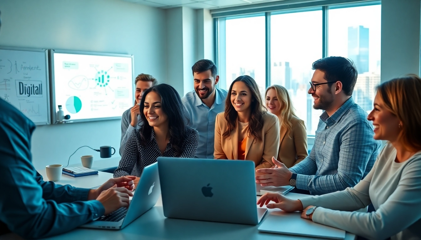 Marketing Agency team collaborating in a vibrant office with digital strategy displays.