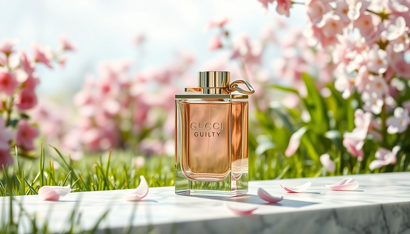 Admire the luxurious Gucci Guilty bottle showcased in a floral garden setting.