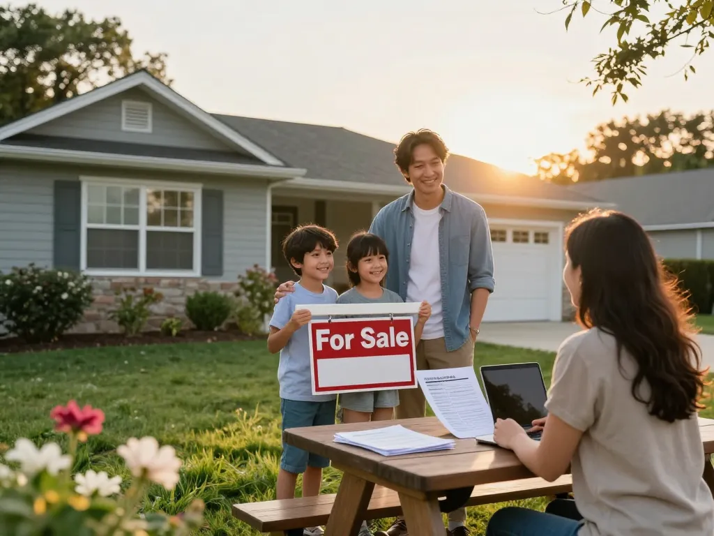 Family discussing a quick house sale outside their charming home, showcasing an inviting atmosphere of ease and connection.