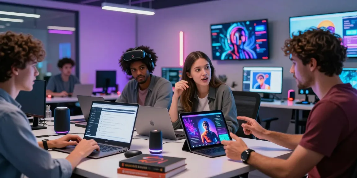 Innovative workspace showcasing NSFW AI interactions with diverse individuals collaborating in a tech environment.