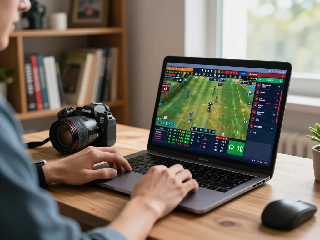 Engaged gambler using vidyasewingmachine for a strategic online sports betting session
