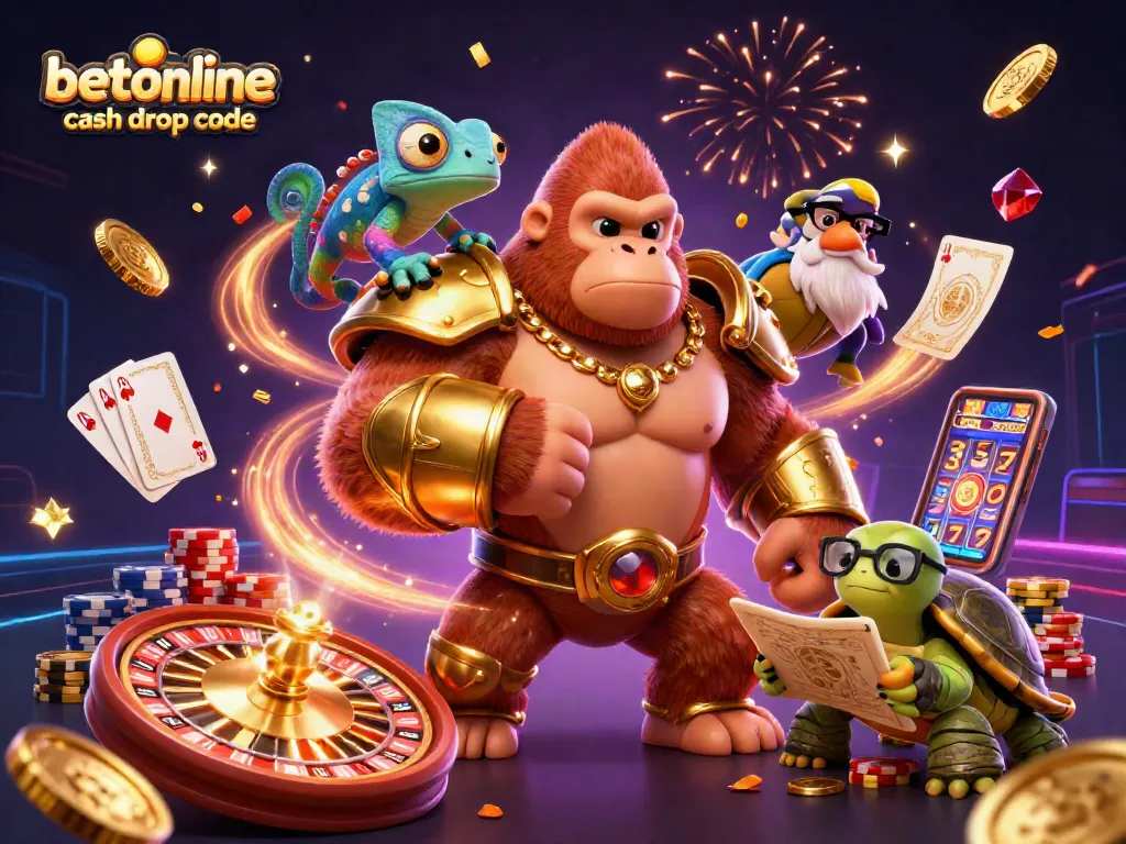 Engage with the exciting betonline cash drop code in this vibrant casino scene filled with colorful characters and game elements.