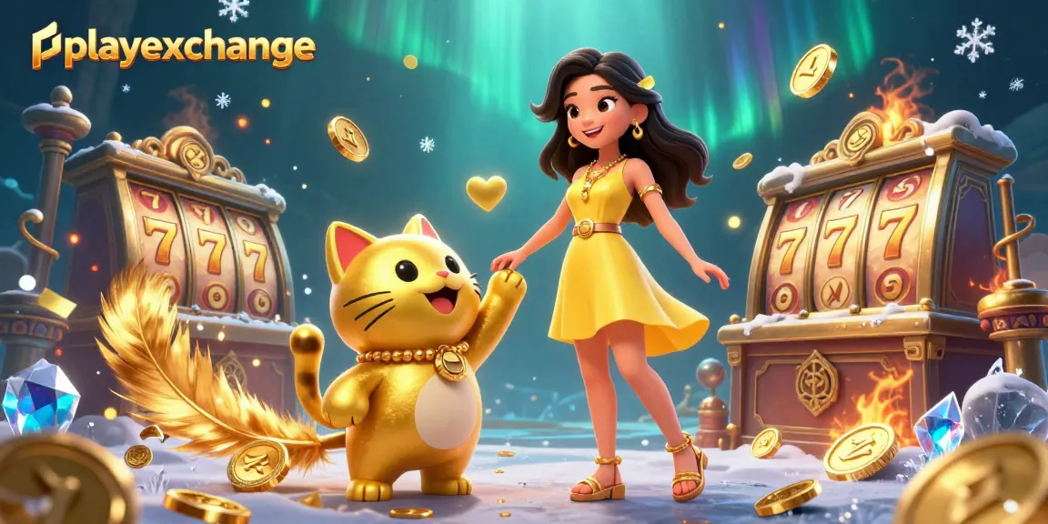 Spin and win at playexchange with a joyful Asian woman and lucky cat amidst vibrant casino elements.