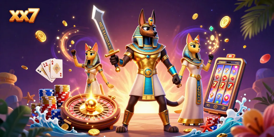 Spin for fortune with xx7 as Anubis and Bastet command the casino scene!