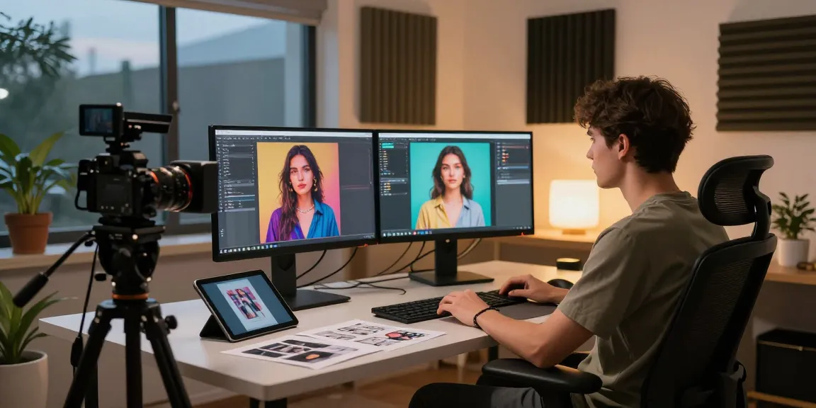Creative studio for AI porn content production with dual monitors and artistic tools.