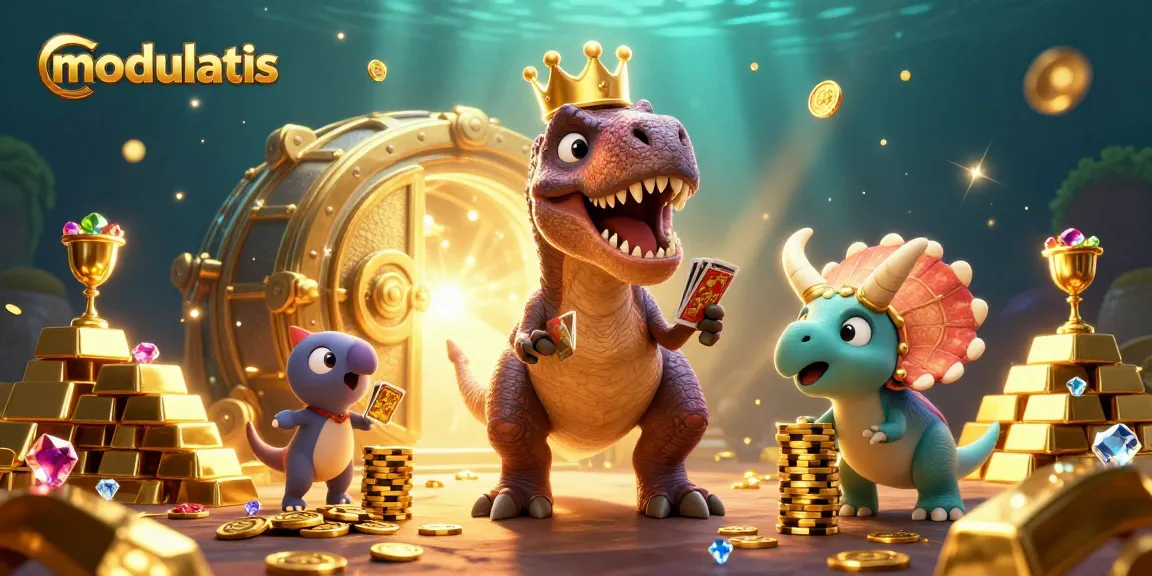 Modulatis menunjukkan T-Rex ramah bermain kartu sambil dikelilingi harta karun slot.