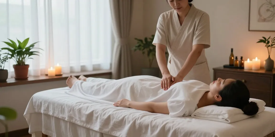 Swedish massage therapy scene with calming atmosphere and professional therapist