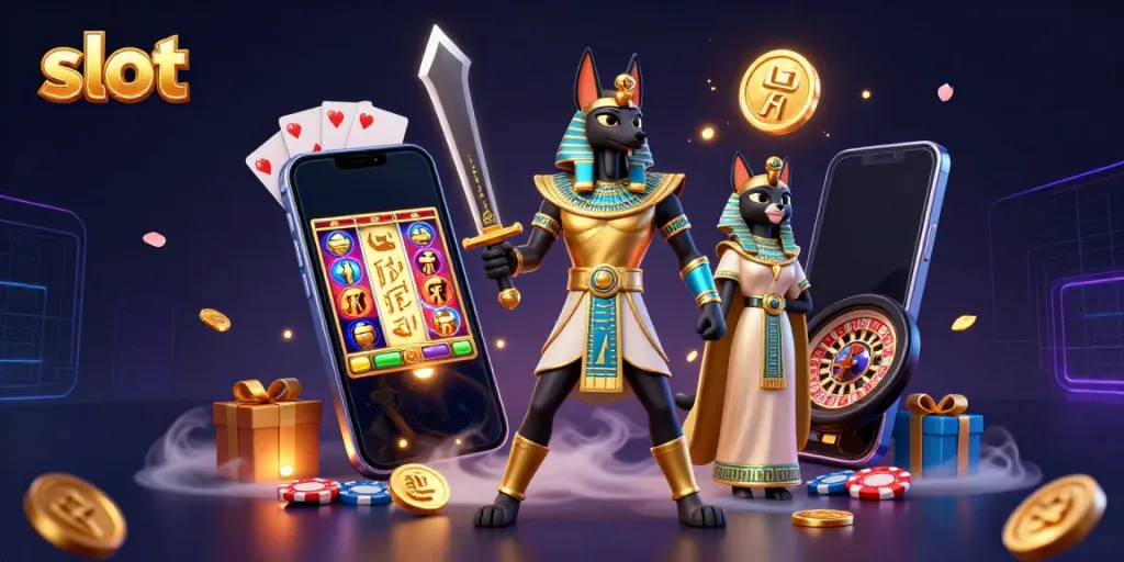 Spin the slot reels with Anubis and Bastet amidst golden riches and magical elements.