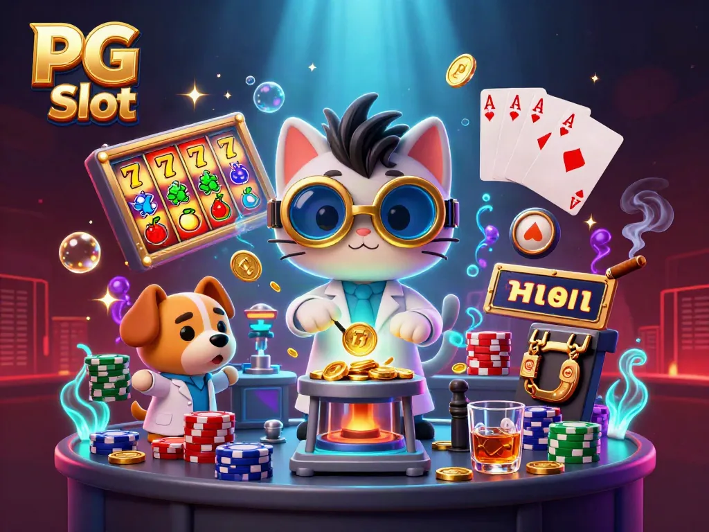 Visualisasi PG Slot yang dinamis dengan kucing ilmuwan gila dan anjing asisten dalam suasana kasino.
