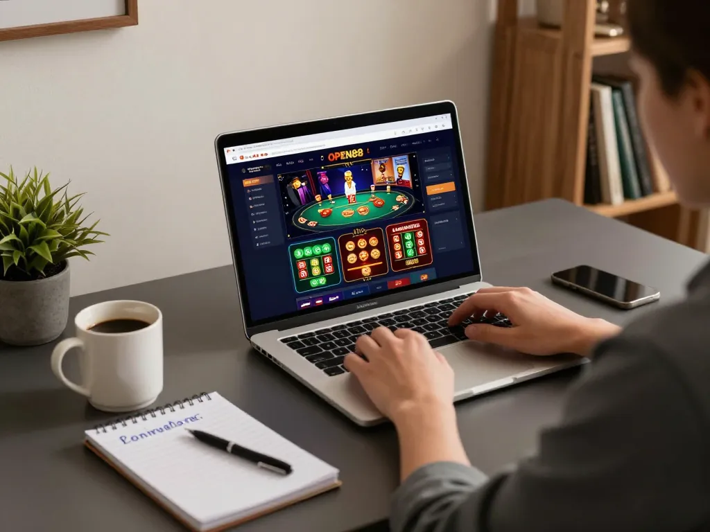 Engaged player strategizing on OPEN88 online casino from home desk.