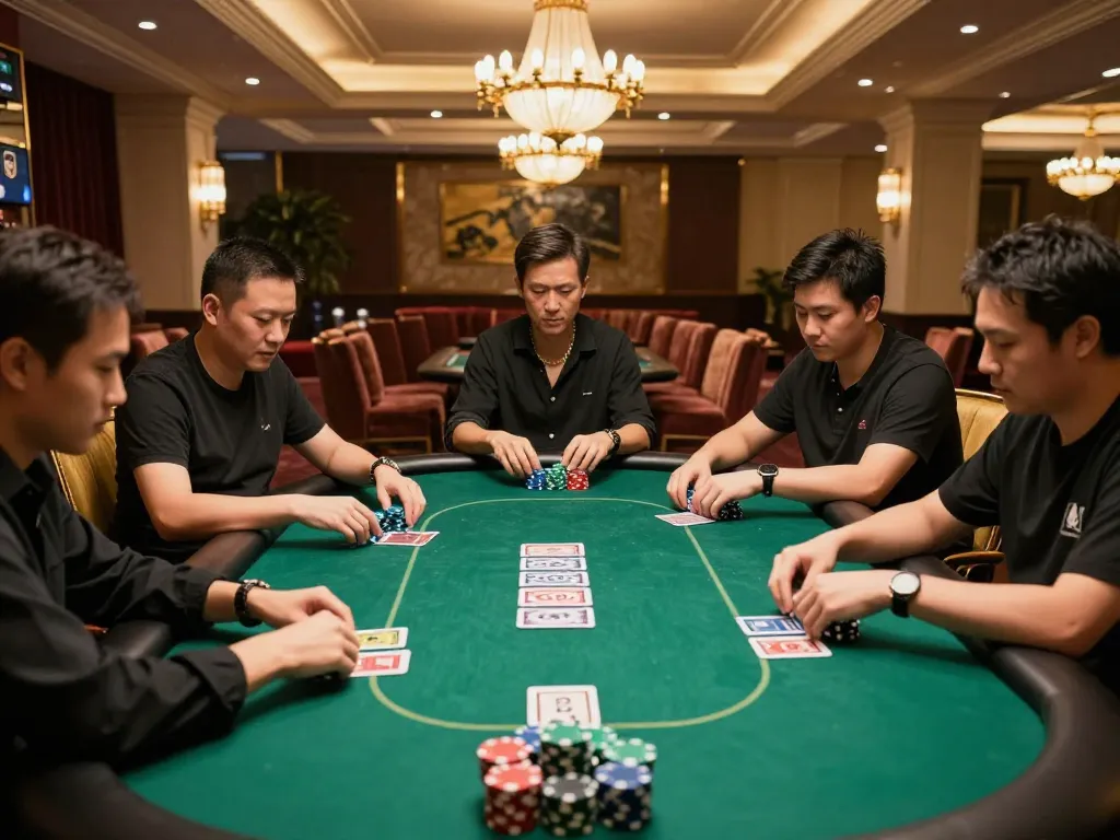 Thương hiệu 79king showcasing an engaging poker game in a luxurious casino setting.