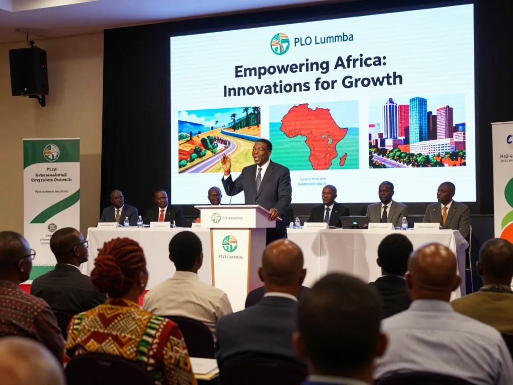 PLO Lumumba passionately speaking at an international conference on African development, showcasing leadership and innovation.