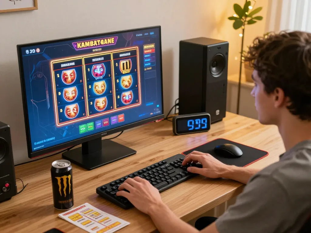 Engaging in situs slot online gaming with a focused player at home, showcasing strategic gameplay.