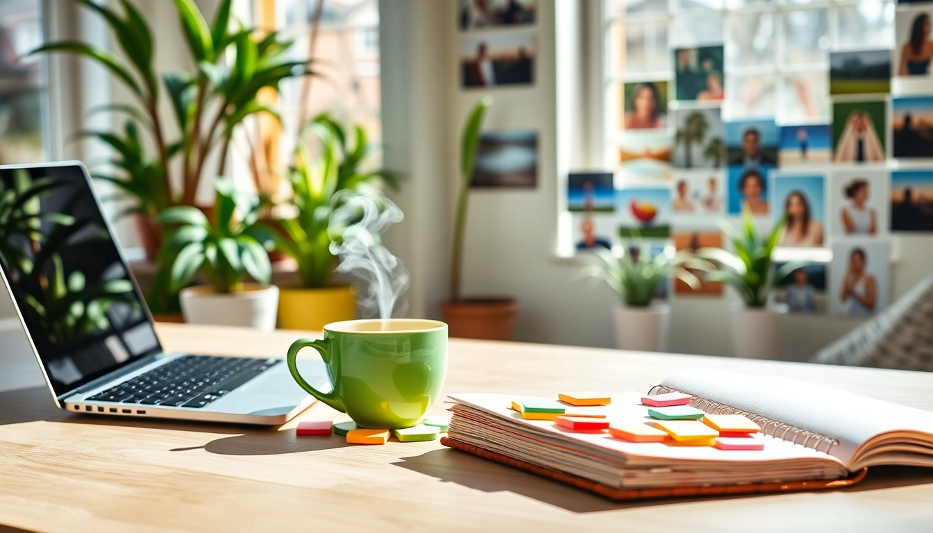 Engaging scene of a UK Lifestyle Blog workspace with laptop and tea.