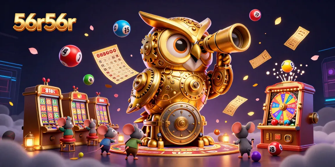 Explore the captivating scene of 56r56r with a clockwork owl overseeing a vibrant casino