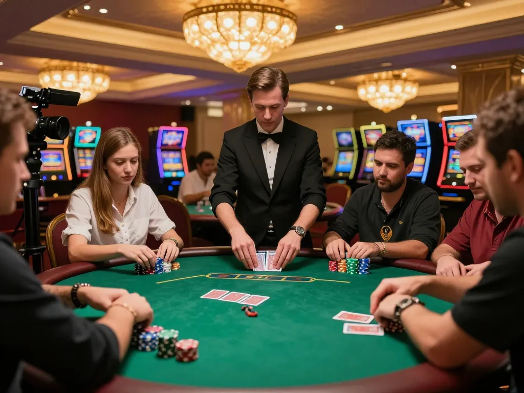 Players engage in intense poker action at 888top's upscale casino gaming table, showcasing strategic gameplay.