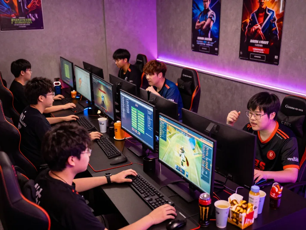 Players engaging in ligasedayu tournaments with vibrant gaming setups and jerseys.