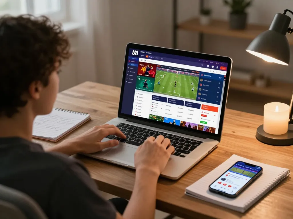 Engaged user placing bets on Keonhacai online sports betting interface in a cozy home setup.