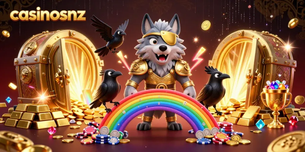 Engage with casinosnz featuring a 3D Norse mythology wolf, crowns of gold, and a vibrant casino scene.