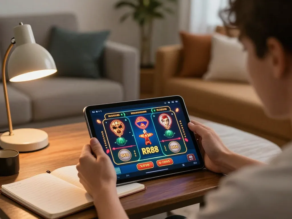 Engaging gameplay with the RR88 App on a tablet in a cozy home setting, showcasing responsible gambling.