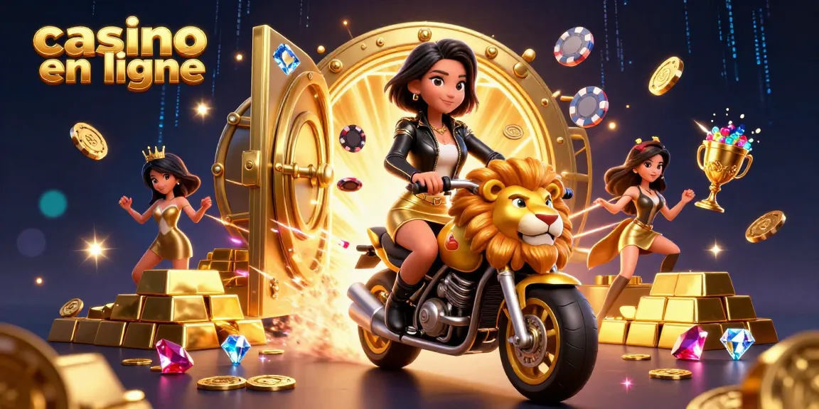 Vivez l'action du casino en ligne avec une femme glamour chevauchant une mascotte de lion doré au milieu de trésors.