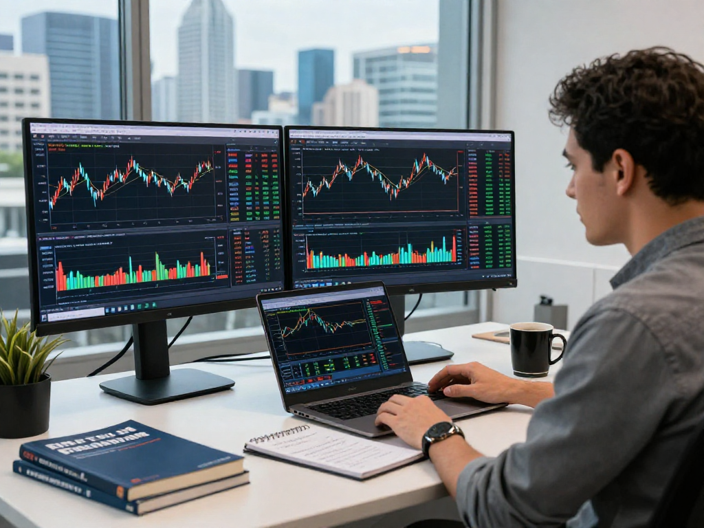 在交易分析平台中，交易员专注于使用TradingView观察股票和加密货币实时数据的动态工作场景。