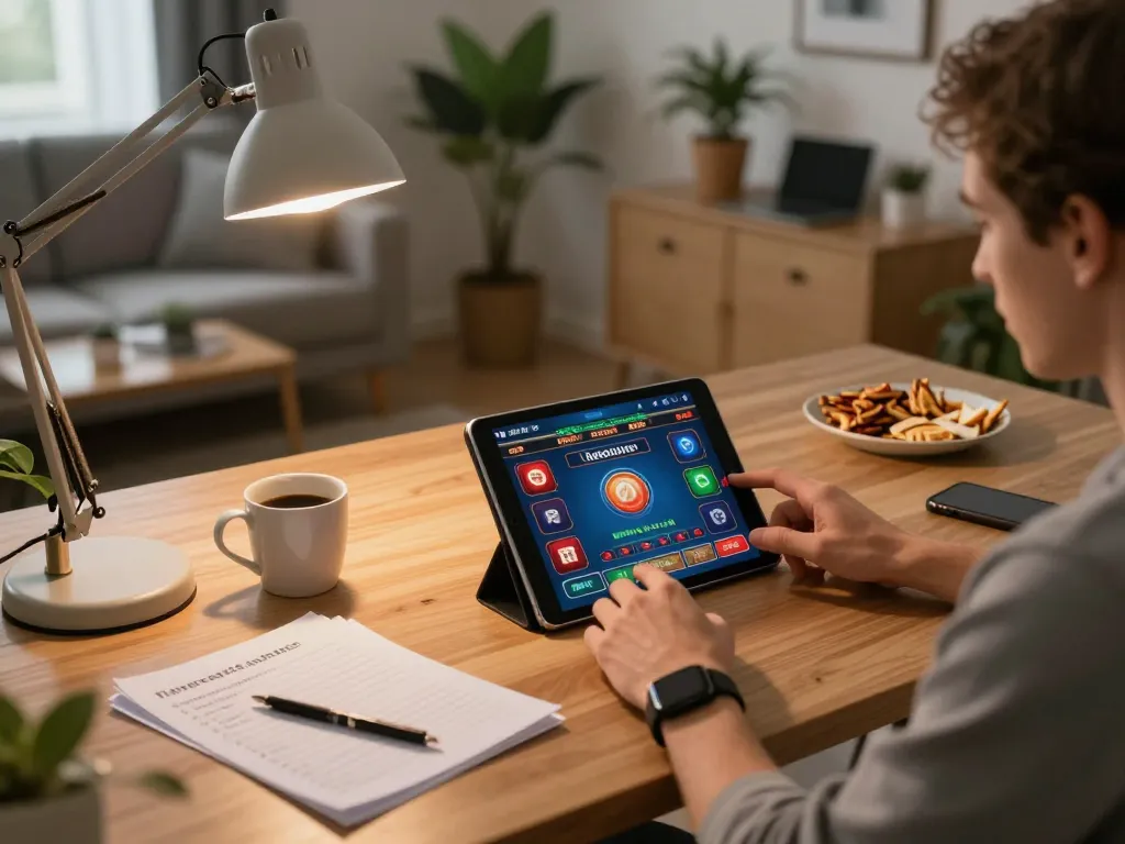 Experience online gaming with tg88 on a tablet in a cozy home office.