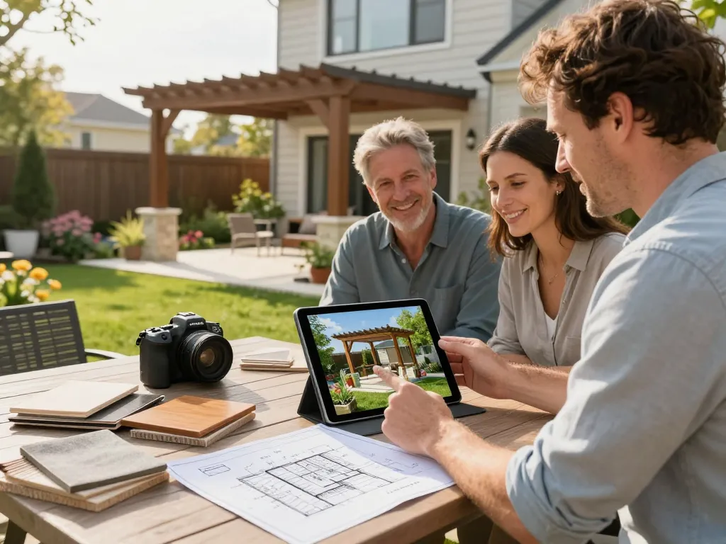 Pergola Sales Software showcased in a vibrant backyard with a homeowner and customers discussing designs and augmented reality views.