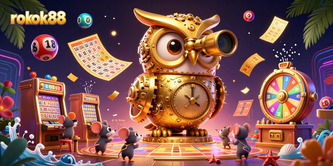 Engage with rokok88’s vibrant casino scene featuring a golden owl overseeing a bustling floor filled with lottery excitement.
