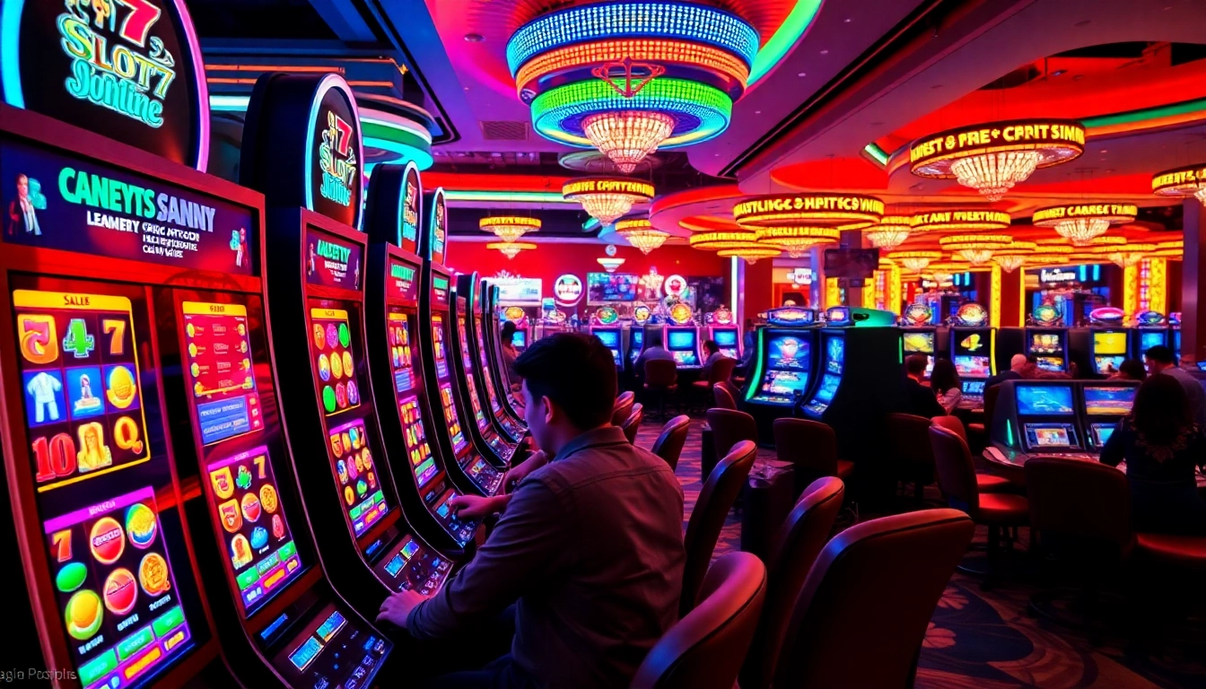 Permainan Slot77 yang menarik dalam suasana casino yang meriah dan cerah.