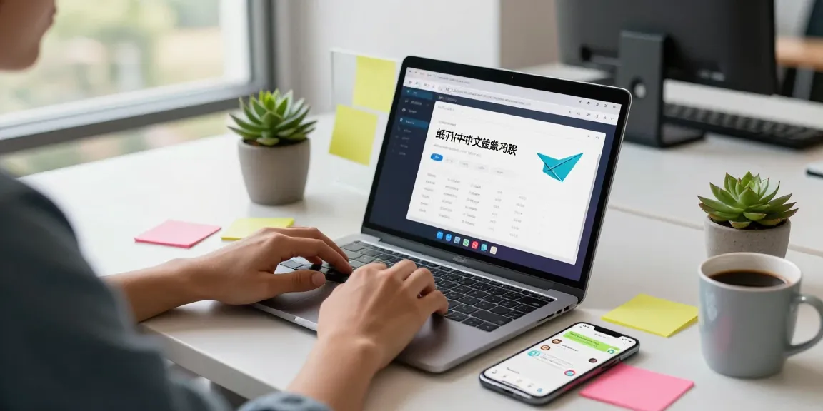 Engaging tech workspace featuring 纸飞机中文版 on laptop, showcasing vibrant connectivity.