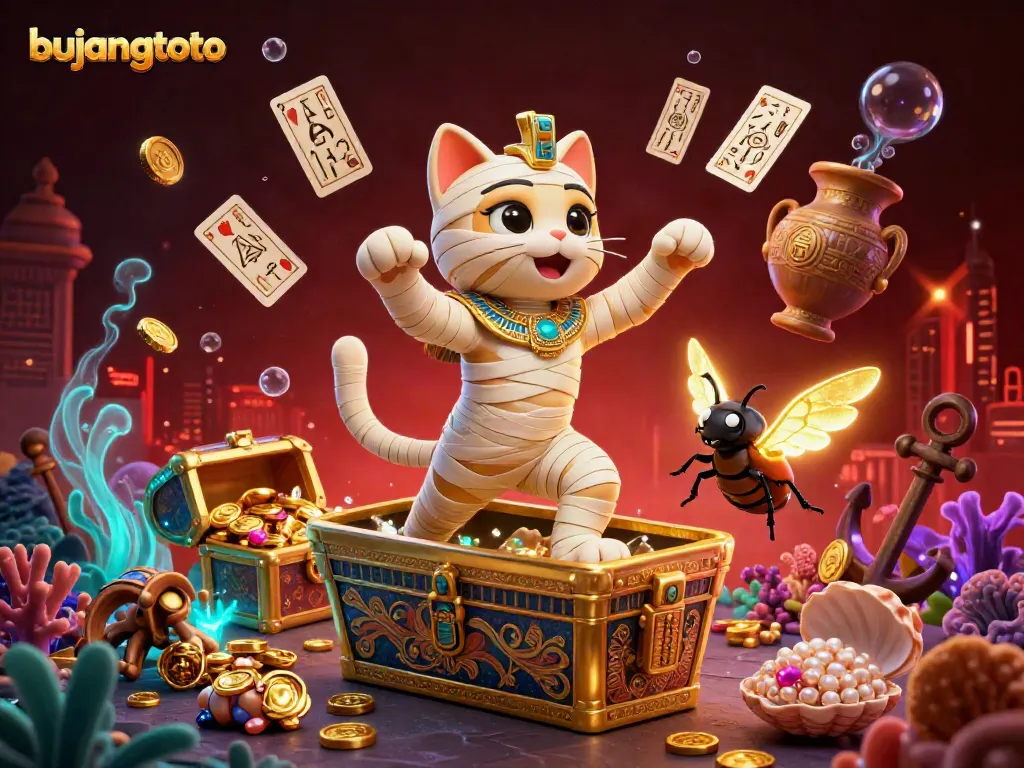 Engage with bujangtoto's thrilling casino atmosphere featuring a mummy cat alongside treasures and glowing gems.
