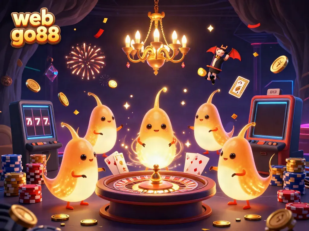 Experience the excitement of web go88 with vibrant casino-themed illustration featuring glowworms and a bat dealer.