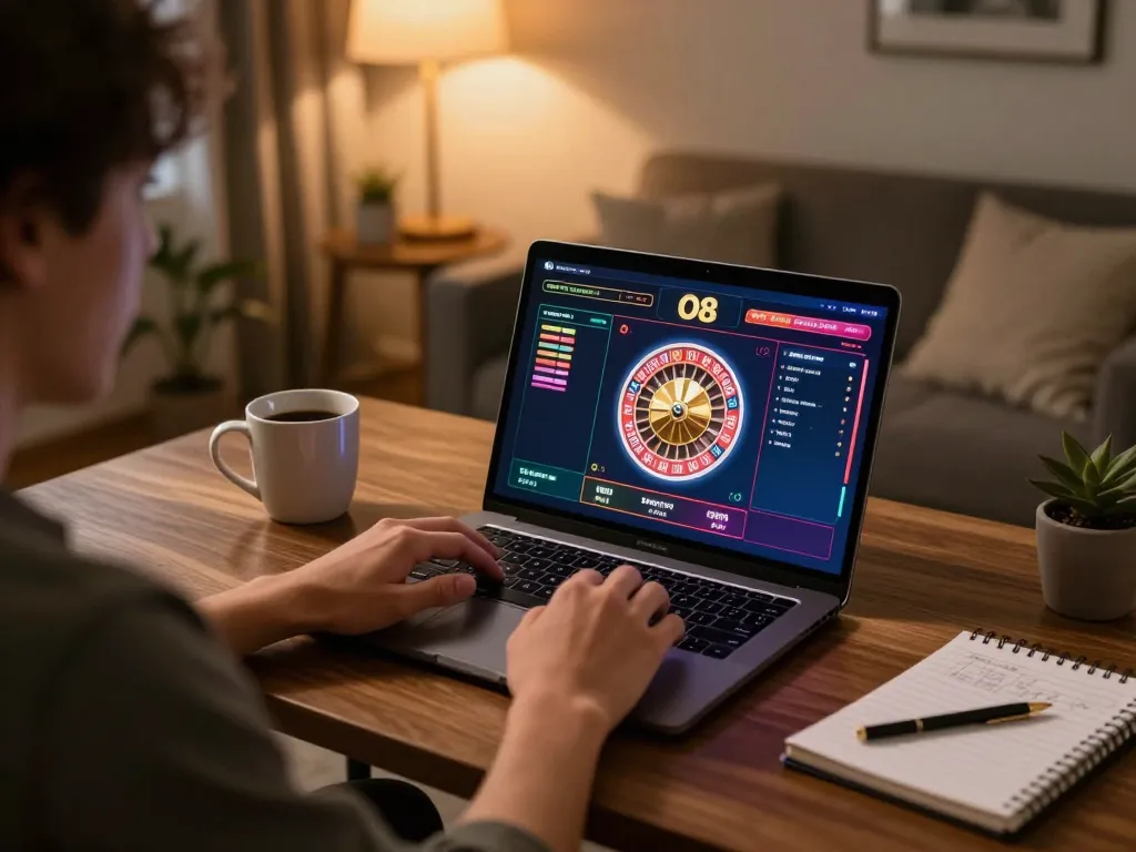 Player engaging with the O8 online casino platform on laptop, focused on roulette.