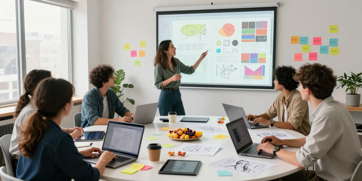 Creative tech team collaborating with mixboard elements in a bright workspace.