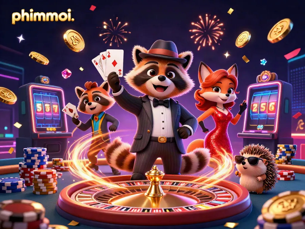 Experience thrilling wins with phimmoi. as charming characters showcase royal flush amidst a festive casino atmosphere.