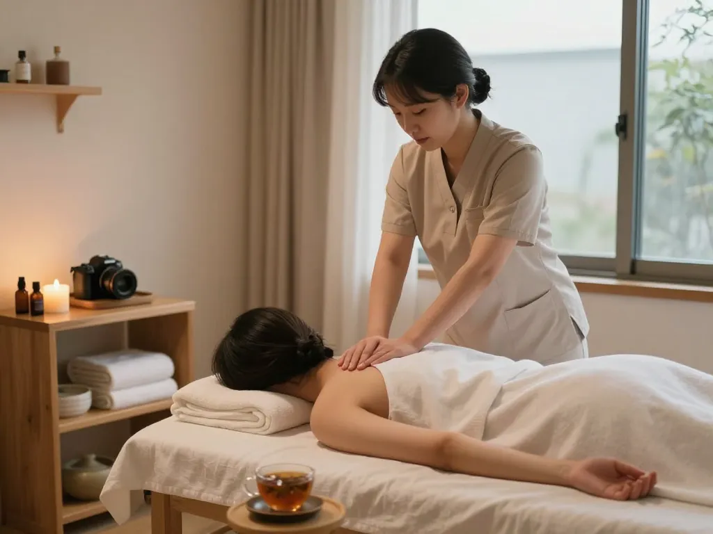 Woman receiving a professional 역삼동마사지 in a tranquil wellness studio with soothing atmosphere.