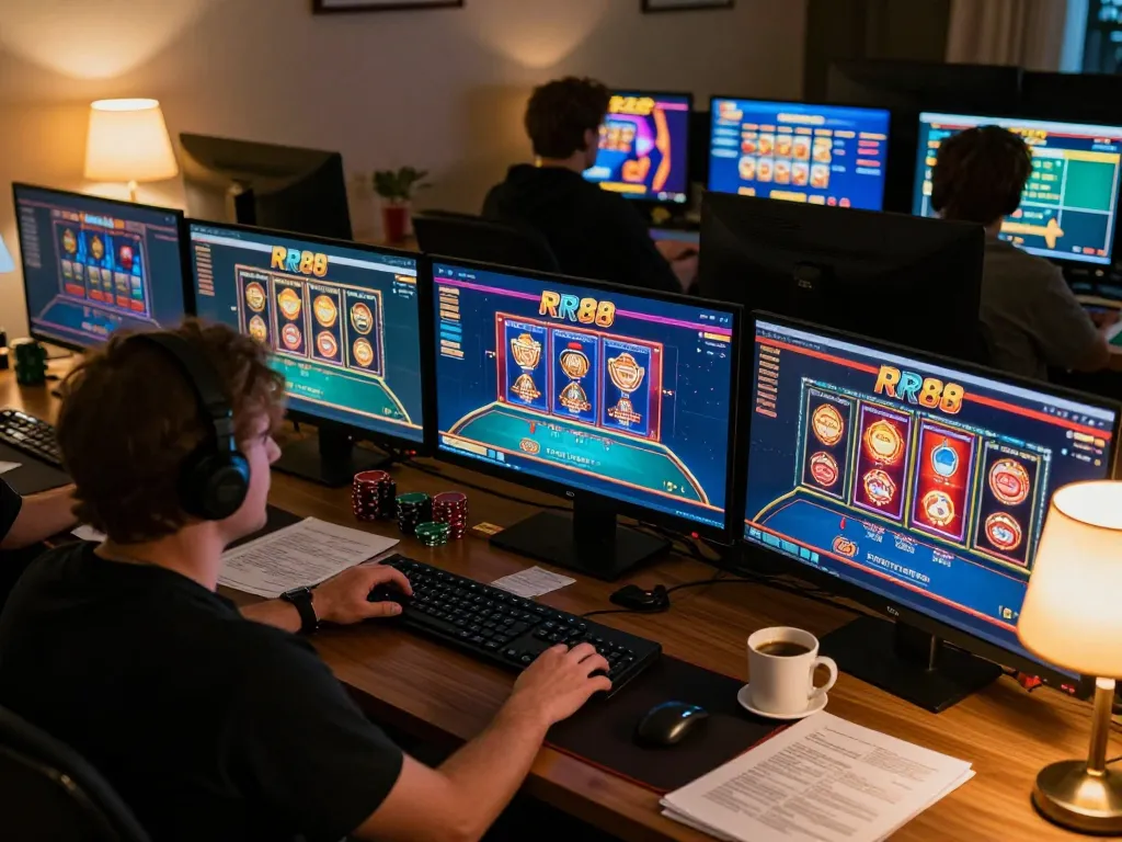Player engaging in RR88's online poker with multiple screens and focused gameplay strategy