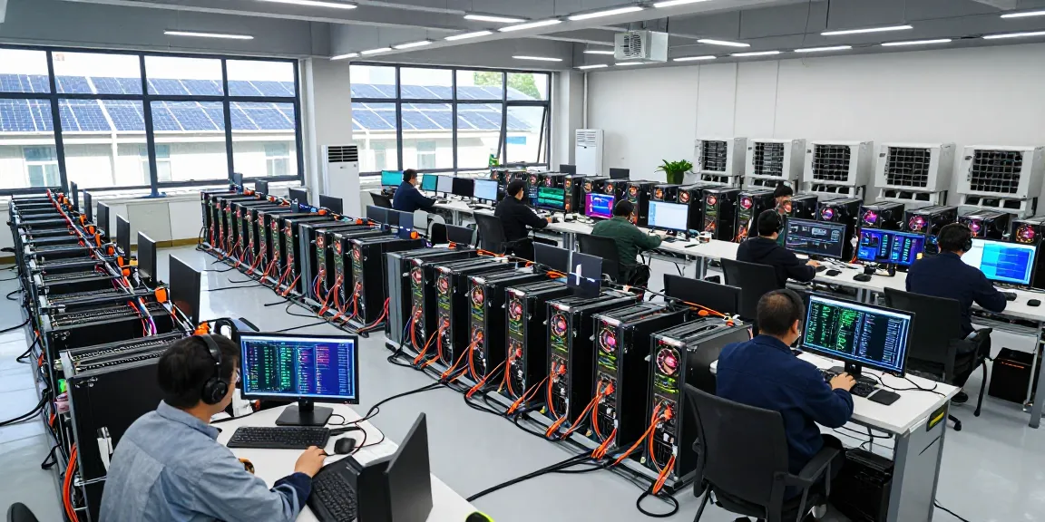 Bitcoin mining setup with high-tech rigs and dedicated workspaces for secure cryptocurrency processing and blockchain operations.