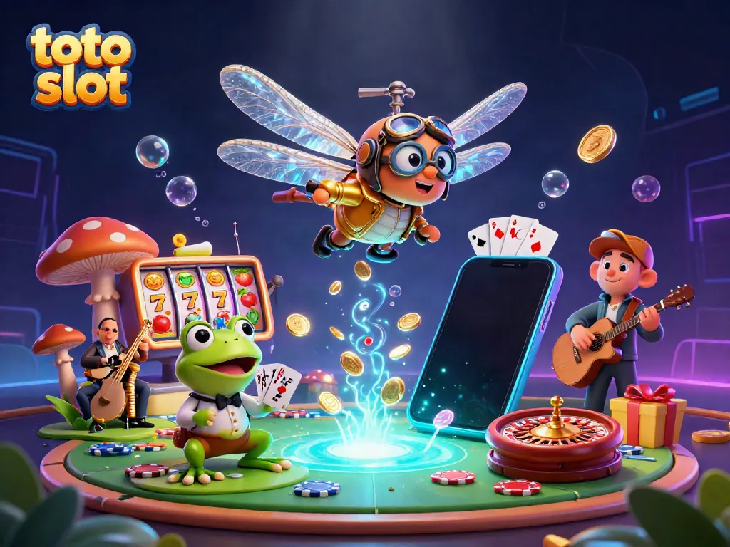Engage with thrilling toto slot action in a vibrant 3D casino scene full of characters and game elements.
