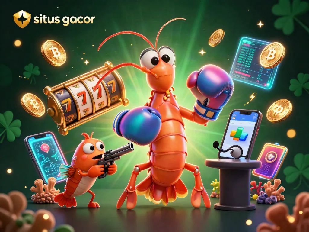 Engage with the situs gacor scene featuring slot reels, a mantis shrimp, and dynamic gaming elements.