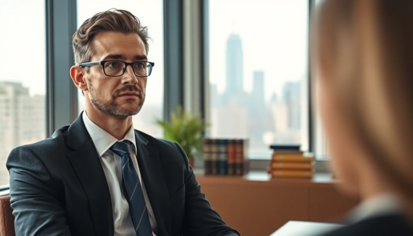 Consultation scene featuring a New York City injury lawyer with a client in an office setting